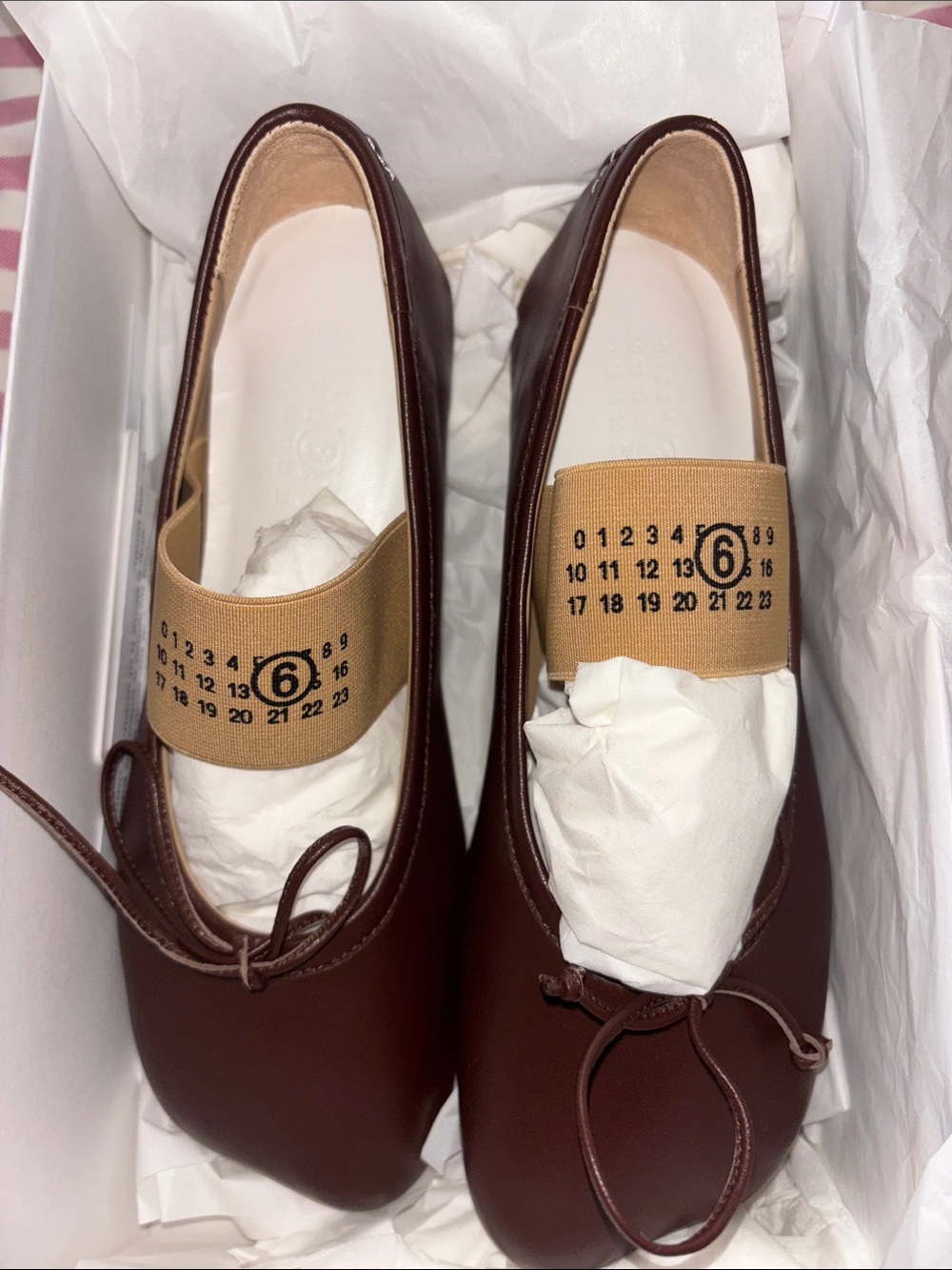 Maison Martin Margiela Brown Leather Tabi-Style Ballet Flats with Beige Elastic
